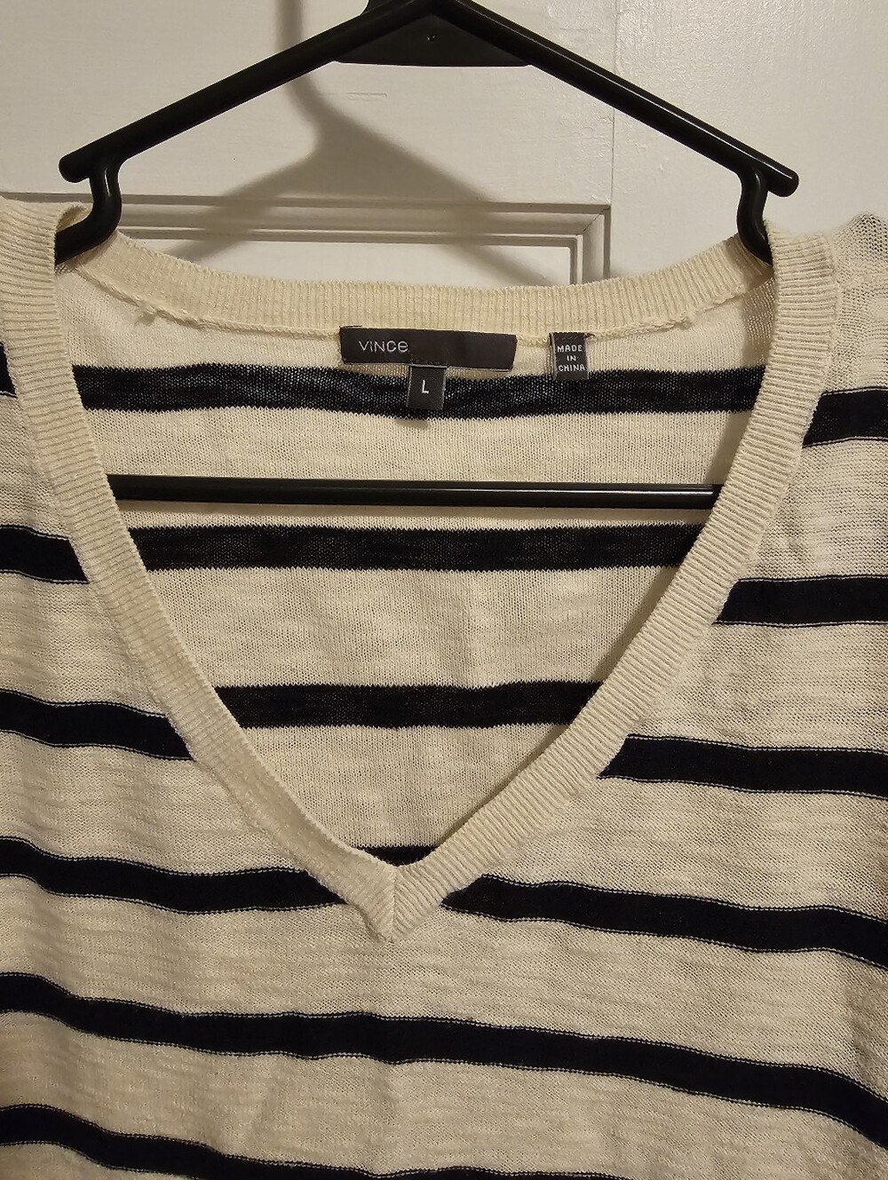 Vince Black and Cream Striped V-Neck Sweater - Picture 6 of 8